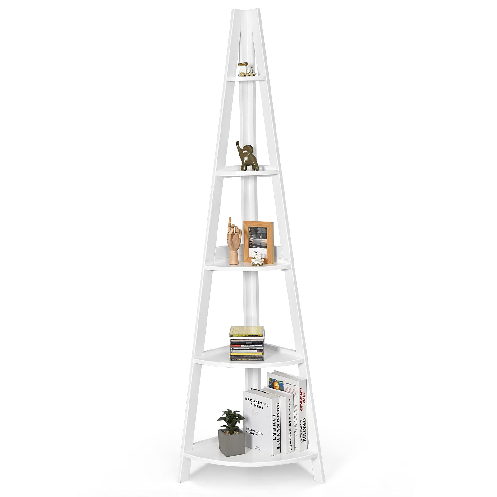 Tangkula Étagère d'angle à 5 niveaux, bibliothèque d'angle de 175 cm, étagère échelle, support de plantes pour salon, bureau à domicile